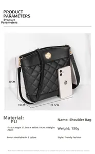 Detailed dimensions of black quilted bucket bag with gold ring buckle and 21.5cm length