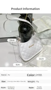 Detailed view of white quilted PU shoulder bag with dimensions 21x6x15cm and gold logo