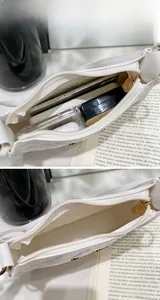 Internal storage view of white quilted shoulder bag holding phone and cosmetics