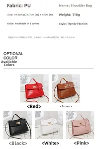 Guide des tailles montrant la longueur de 19,5 cm et cinq couleurs de sacs en croco