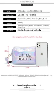 Detailed view of Laser PU crossbody bag with 17.5x6x10.5cm size and phone capacity