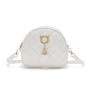 White quilted leather crossbody bag with cat ear metal ring and pearl pendants