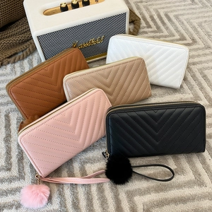 Women PU Leather Long Wallet Chevron Quilted Double Zipper Clutch Purse With Wristlet And Faux Fur Pompom Charm