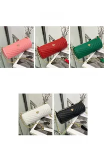 Detailed grid showing quilted cylindrical small bags in pink, red, green, white, and black