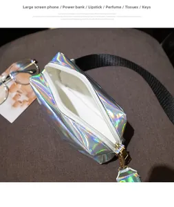 Macro view of holographic crossbody bag interior showing daily essentials storage space