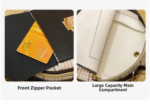 Detail of mini backpack showing front zipper pocket and spacious main compartment