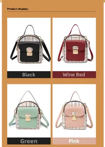Mini plaid backpack display in black, burgundy, green, and pink color options