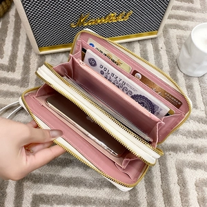 White V-pattern long dual-zipper wallet with card slots and phone storage compartment