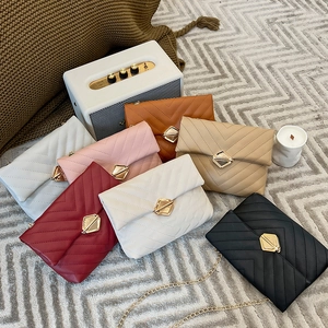 Women V-Chevron Quilted Crossbody Bag PU Leather Golden Chain Strap Metal Lock Buckle Small Square Shoulder Purse Fashion