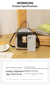 Detailed size chart for mini color-block backpack with 19x15x5cm dimensions and specs