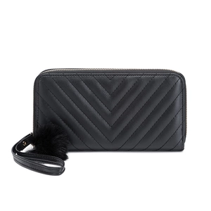 Women's black long wallet with chevron quilting, metal zipper, and plush ball charm