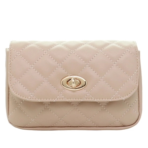 Elegant quilted rhombus flap waist bag for women with gold oval twist lock in beige