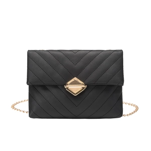 Women's black chevron quilted small crossbody bag with gold diamond lock and chain
