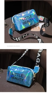 Detailed top and side view of iridescent laser crossbody bag with logo and wide strap
