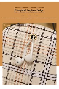 Close-up of beige plaid mini backpack featuring a functional metal earphone port and cable