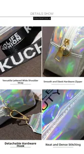 Detail shot of laser holographic bag with gold hardware zipper and letter strap