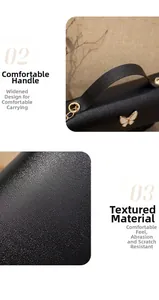 Detail of black textured mini bag showing wide handle and white butterfly hardware