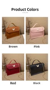 Detail view of four square crossbody bags with butterfly clasps in brown, pink, red, and black