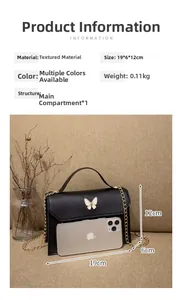 Detailed size chart for a mini black crossbody bag with white butterfly and gold chain strap