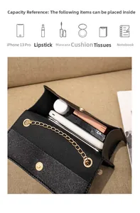 Internal view of mini black textured crossbody bag showing capacity for phone and cosmetics
