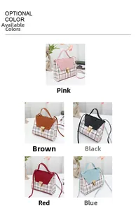 Detail of multi-color plaid crossbody bag with golden metal buckle and top handle