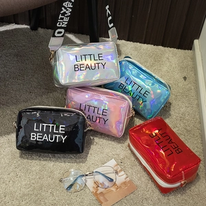 Women Holographic Laser PU Crossbody Bag Small Square Bag With Wide Letter Strap Fashion Shoulder Bag For Girls