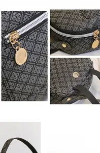 Detail shot of golden metal zipper pulls and rivets on the fashion printed backpack