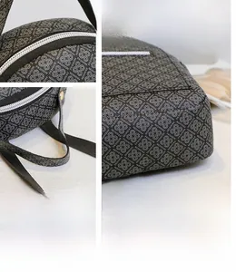 Detail of fashion school backpack with monogram fashion print and silver metal zippers