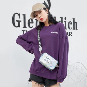 Fashionable laser square bag paired with a purple oversized streetwear sweatshirt