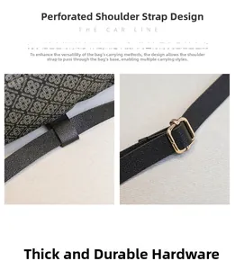 Detail of adjustable leather straps and golden hardware on the printed backpack