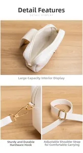 Detail der weißen geprägten Umhängetasche mit geräumigem Innenraum und goldener Hardware