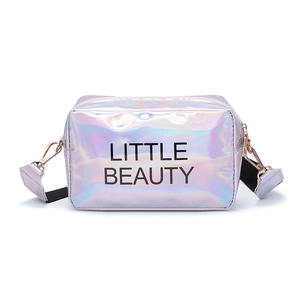 Chic laser holographic crossbody bag with Little Beauty print and purple strap