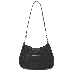 Classic black quilted shoulder bag with gold chain hardware and logo on white background