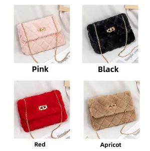 Quilted plush shoulder bag in pink, black, red, and apricot with metal chain straps
