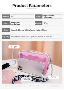 Tableau des tailles détaillé pour sac bandoulière en PVC transparent de 18x5x11cm