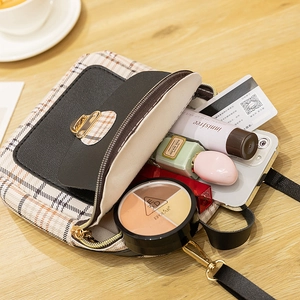 Mini plaid crossbody bag in beige and coffee with black flap and leather strap