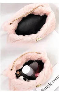 Pink plush shoulder bag with golden chain showing interior space for daily essentials