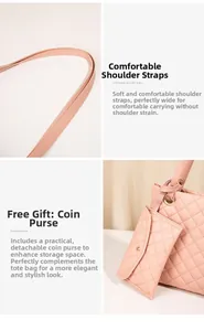 Detailed pink quilted tote bag showing wide shoulder strap and matching coin purse attachment