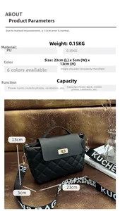Détail du sac bandoulière en cuir PU matelassé noir avec dimensions et infos capacité