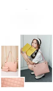Pink quilted tote bag detail set featuring diamond embroidery texture and matching pouch