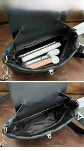 Capacité interne du sac matelassé noir montrant le rangement pour téléphone et maquillage