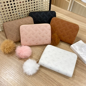 Women Zipper Wallet PU Leather Heart Embroidery Woven Texture Small Coin Purse With Pom Pom Pendant