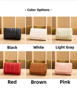 Detailed view of quilted chain bags in black, white, gray, red, brown, and pink colors