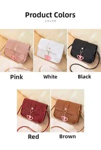 Five small crossbody bags in various colors featuring cute heart charms and cartoon embossing