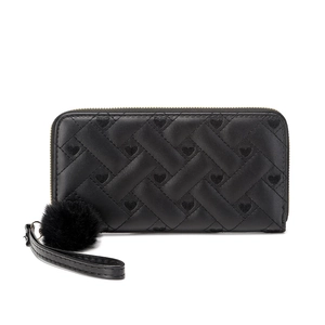 Black long faux leather wallet with heart embroidery, quilted pattern and pom-pom wristlet