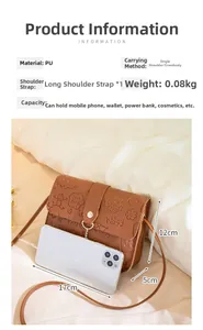 Detail view of brown PU leather crossbody bag showing dimensions and interior capacity