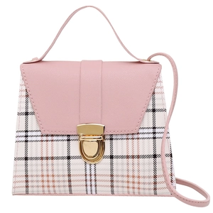 Women's pink plaid small square crossbody bag with top handle and gold metal clasp