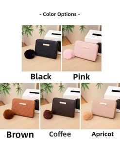 Quilted mini wallets with gold hardware and pompom charms in five various colors