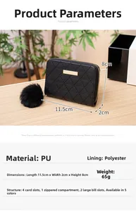 Detail of black quilted mini purse with faux fur pompom and zipper closure structure