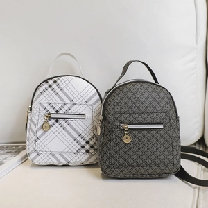Mini faux leather backpacks in plaid and vintage geometric patterns with gold zippers